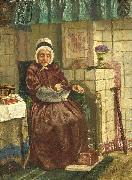 Old woman by a hearth August Allebe